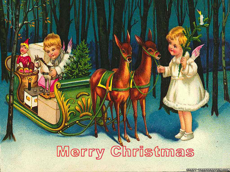Christmas card with children and deer