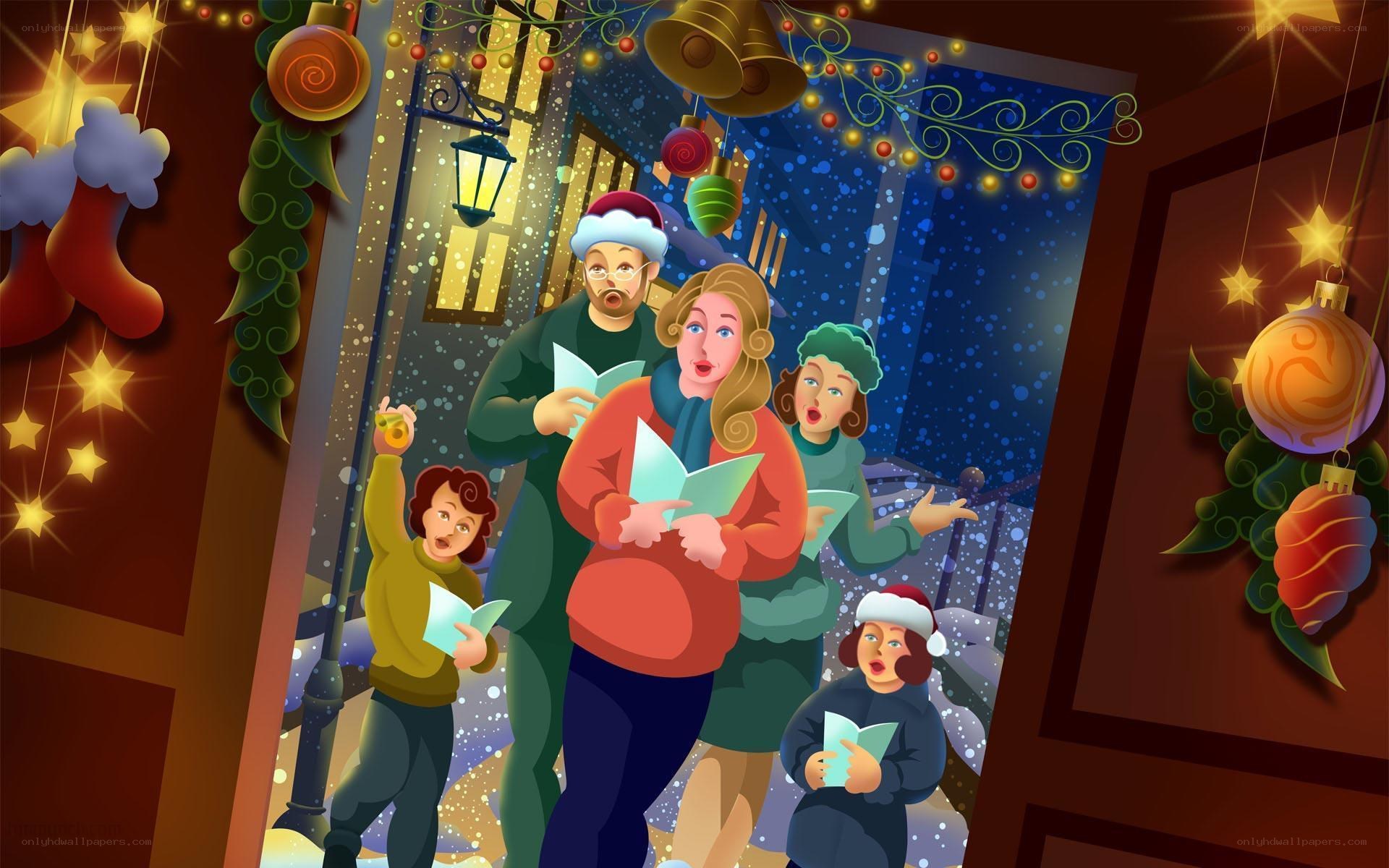 Christmas carolers at a door