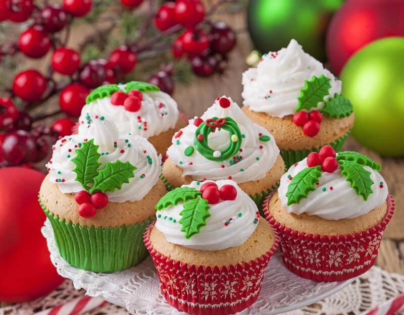 Christmas Cupcakes — Red, Festive, Winter, Photograph, Holly Leaves
