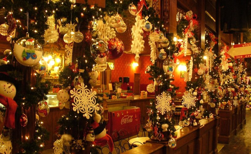Christmas-decorated cafe interior
