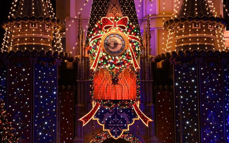 Christmas-decorated castle clock