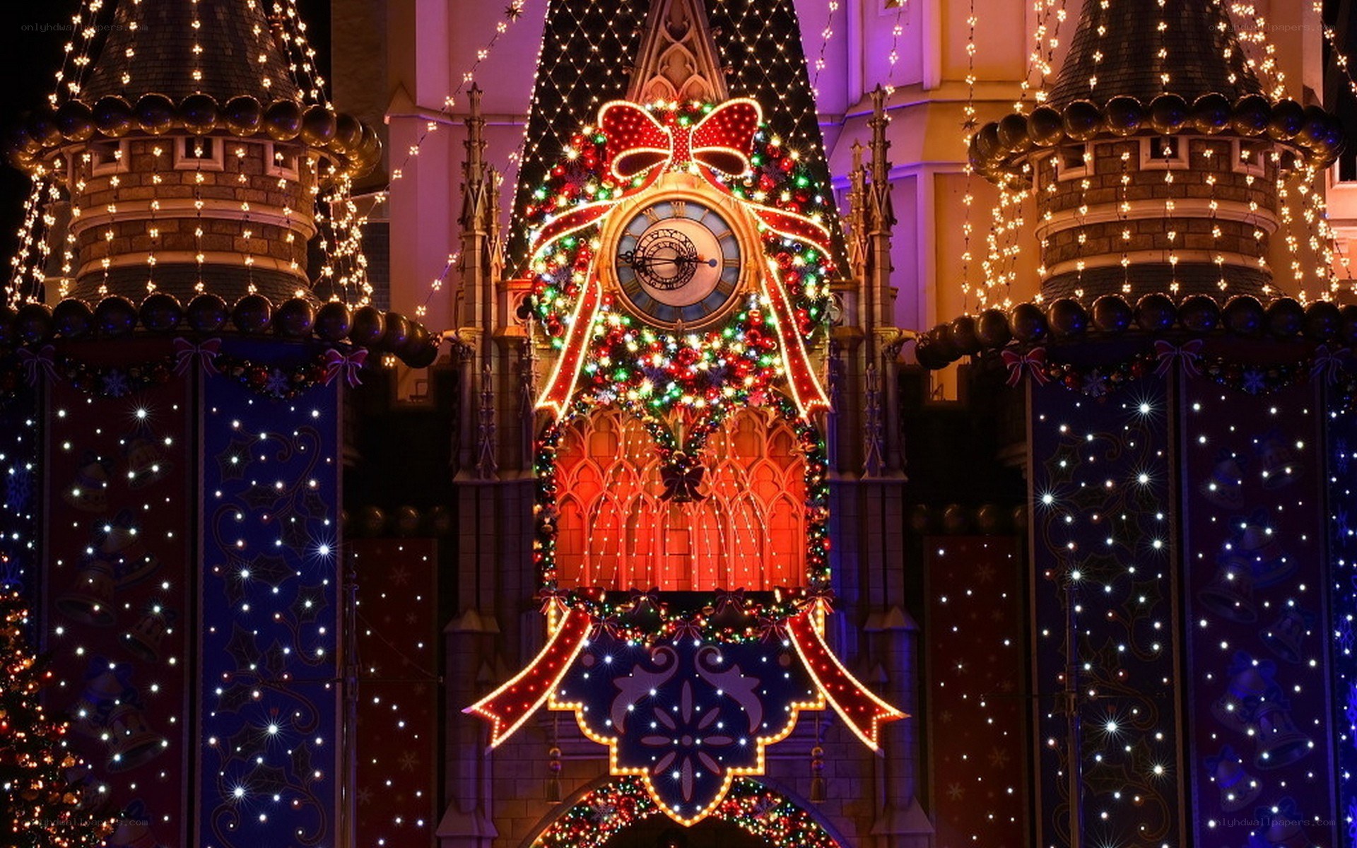 Christmas-decorated castle clock
