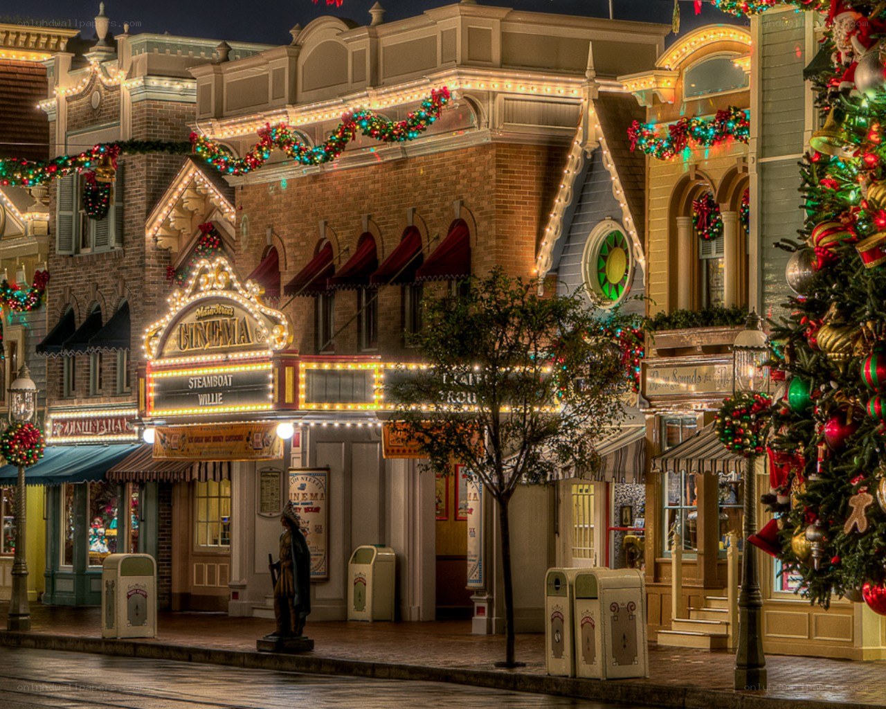 Christmas-decorated cinema street