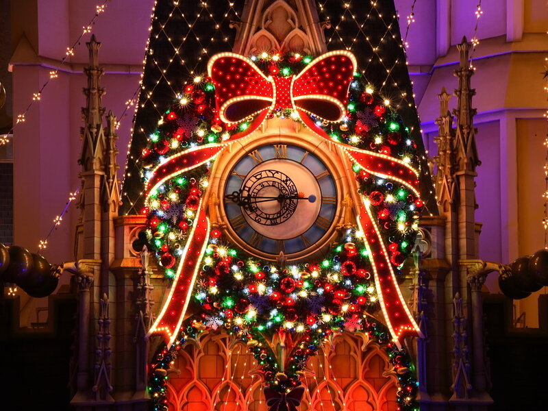 Christmas-decorated clock tower