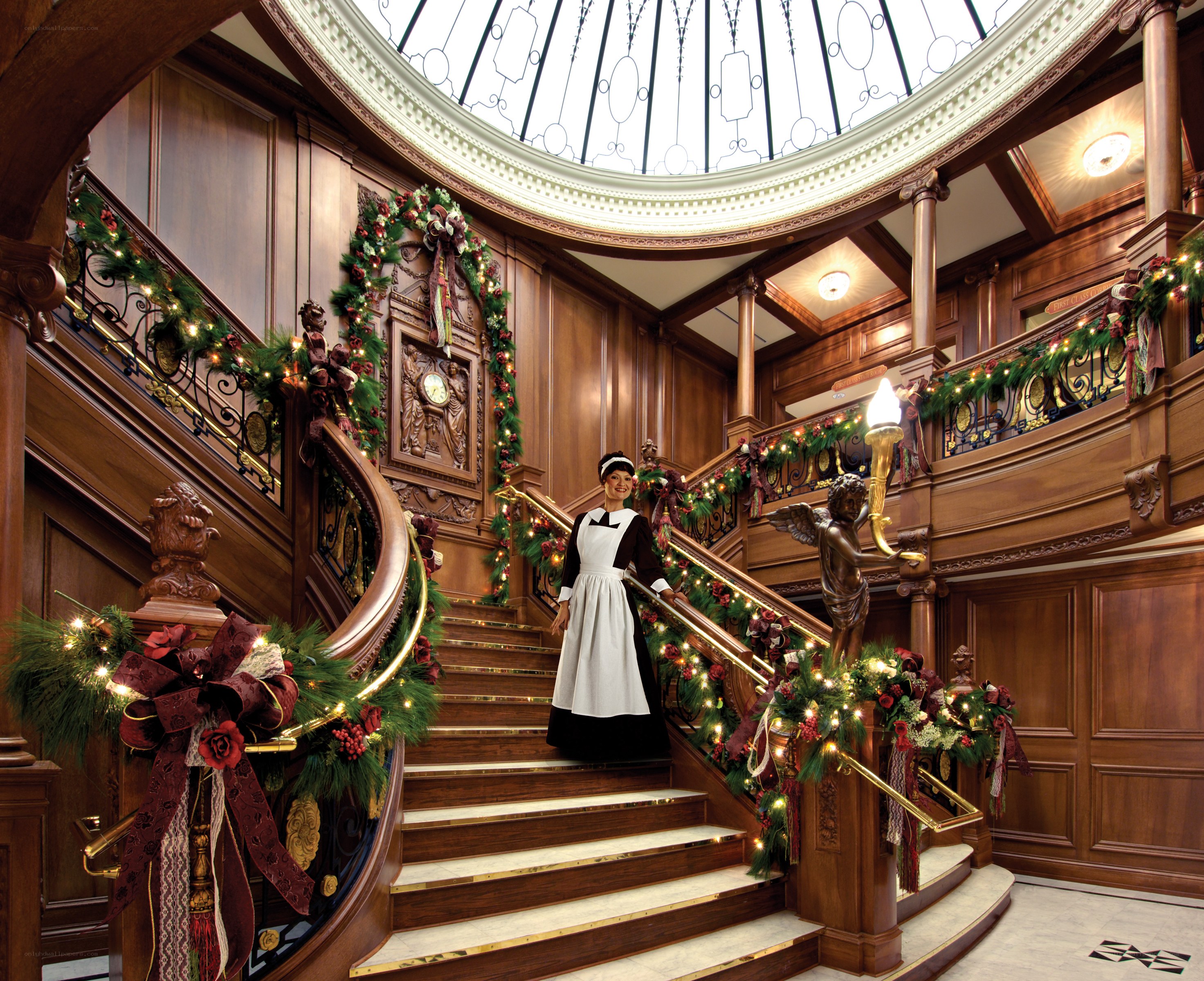 Christmas-decorated ship staircase