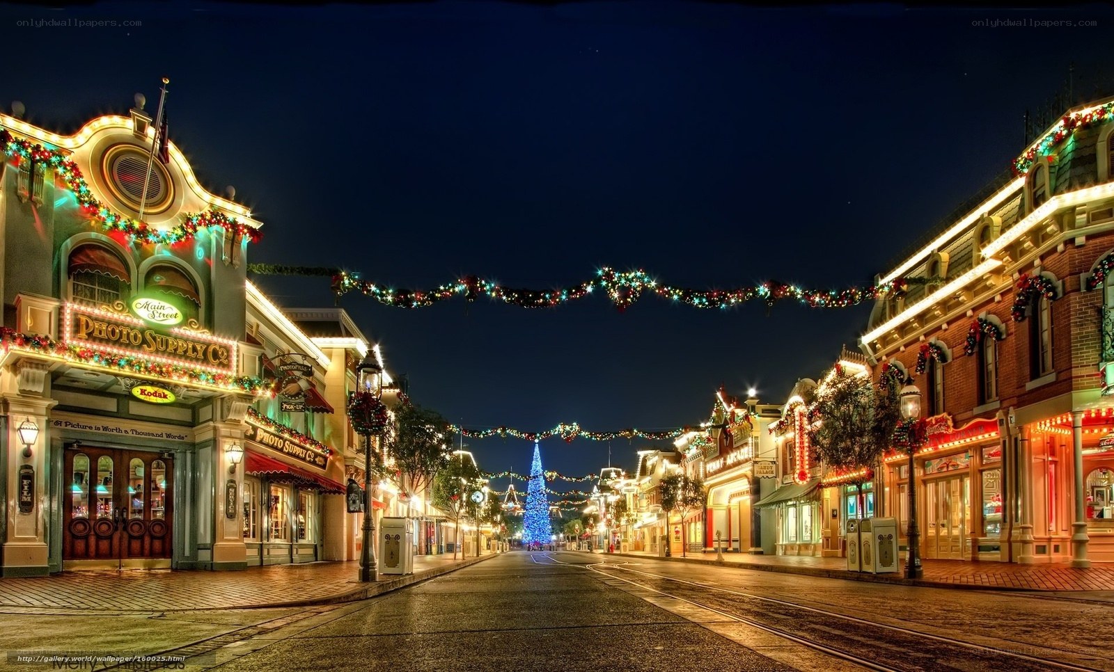 Christmas-decorated street at night