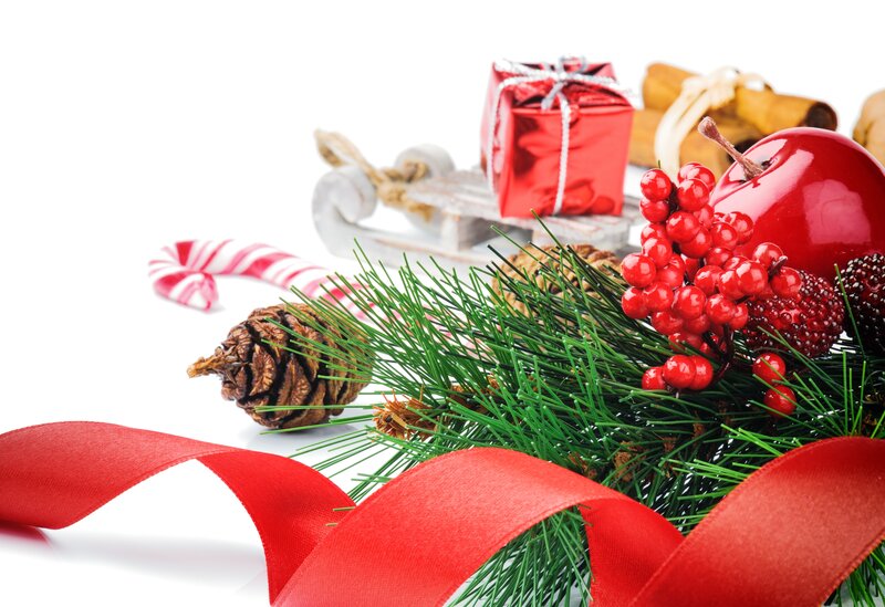 Christmas Decoration Arrangement — Red, Festive, Winter, Photograph, Pine Branches