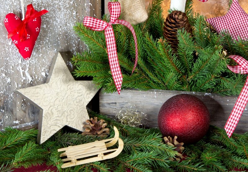 Christmas Decorations — Green, Festive, Winter, Photograph, Pine Branches, Star Ornament