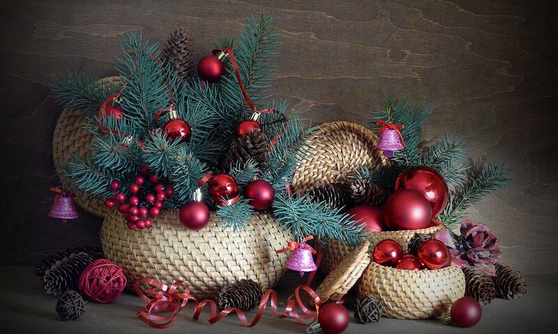 Christmas decorations in baskets