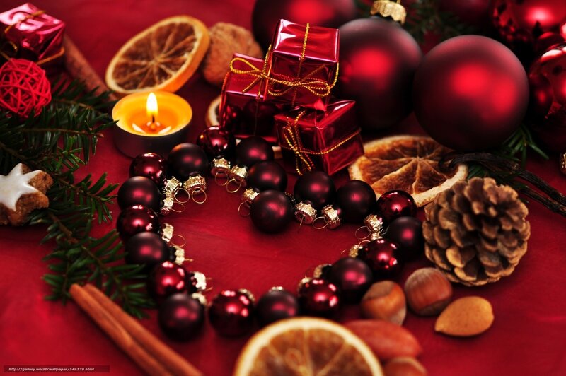Christmas decorations on red