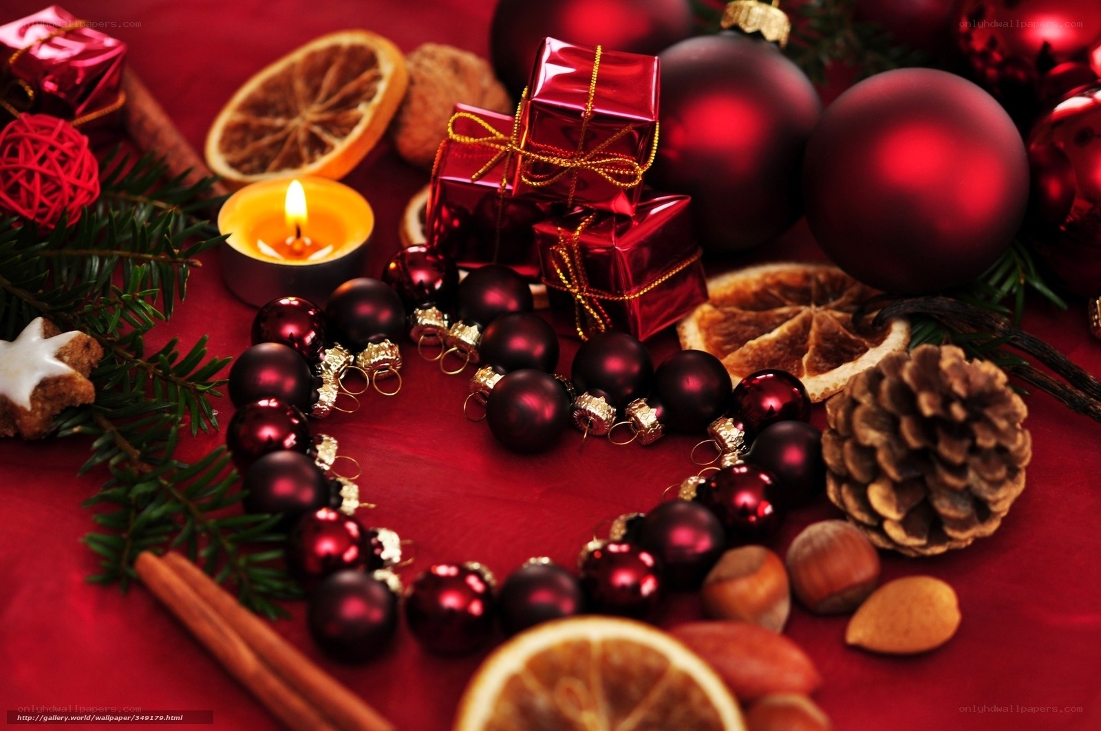 Christmas decorations on red