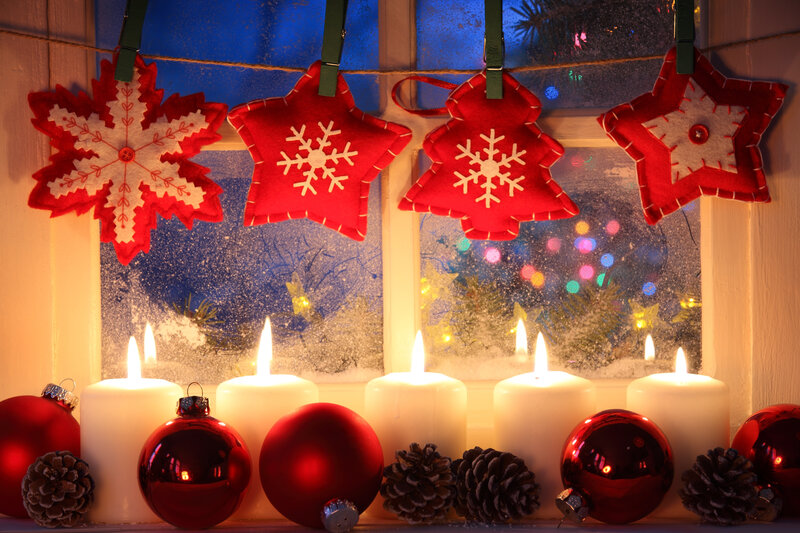 Christmas Decorations on Windowsill — Red, Cozy, Winter, Photograph