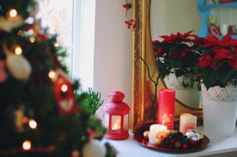 Christmas Decorations on Windowsill — Red, Festive