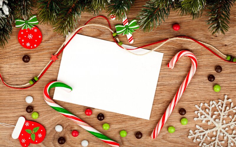 Christmas Decorations on Wood — Brown, Festive, Winter, Photograph, Candy Canes
