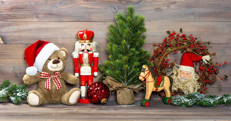 Christmas Decorations on Wood — Brown, Festive, Winter, Photograph, Teddy Bear
