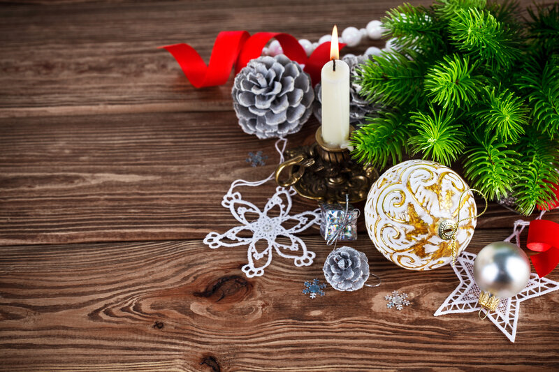 Christmas Decorations on Wood — Brown, Festive, Winter