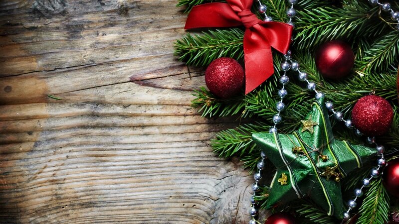 Christmas Decorations on Wood — Green, Festive, Winter, Photograph, Pine Branches, Red Ornaments