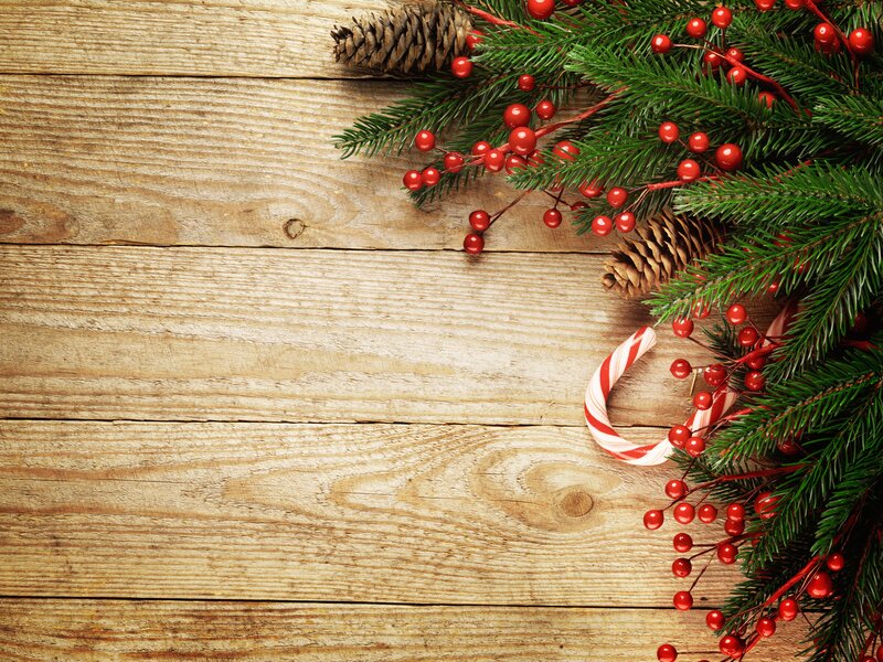 Christmas Decorations on Wood — Green, Festive, Winter, Photograph, Pine Branches