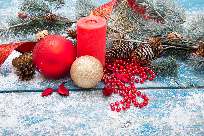 Christmas Decorations — Red, Festive, Winter, Photograph, Pine Branches, Candles