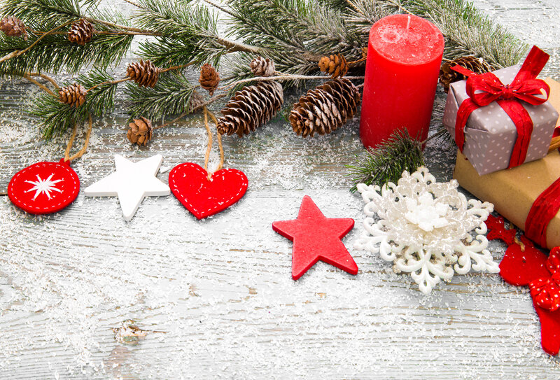 Christmas Decorations — Red, Festive, Winter, Photograph, Pine Branches, Pinecones, Candle