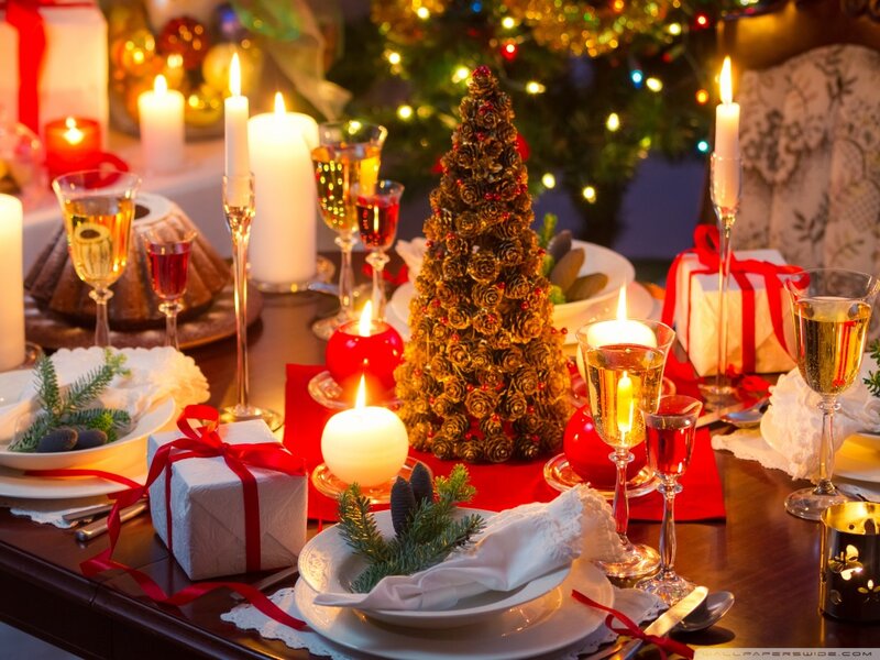 Christmas Dinner Table — Red, Festive, Night, Photograph, Candles, Gifts