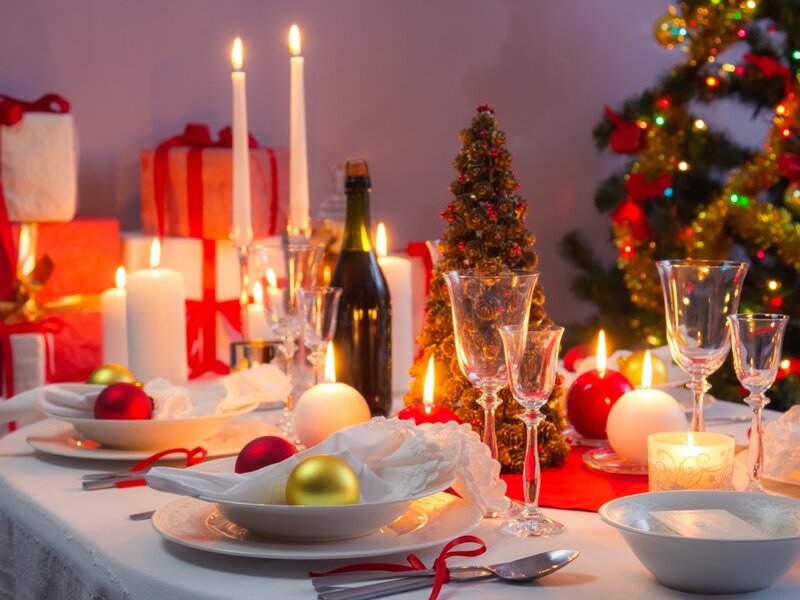 Christmas Dinner Table — Red, Festive, Night, Photograph, Candles