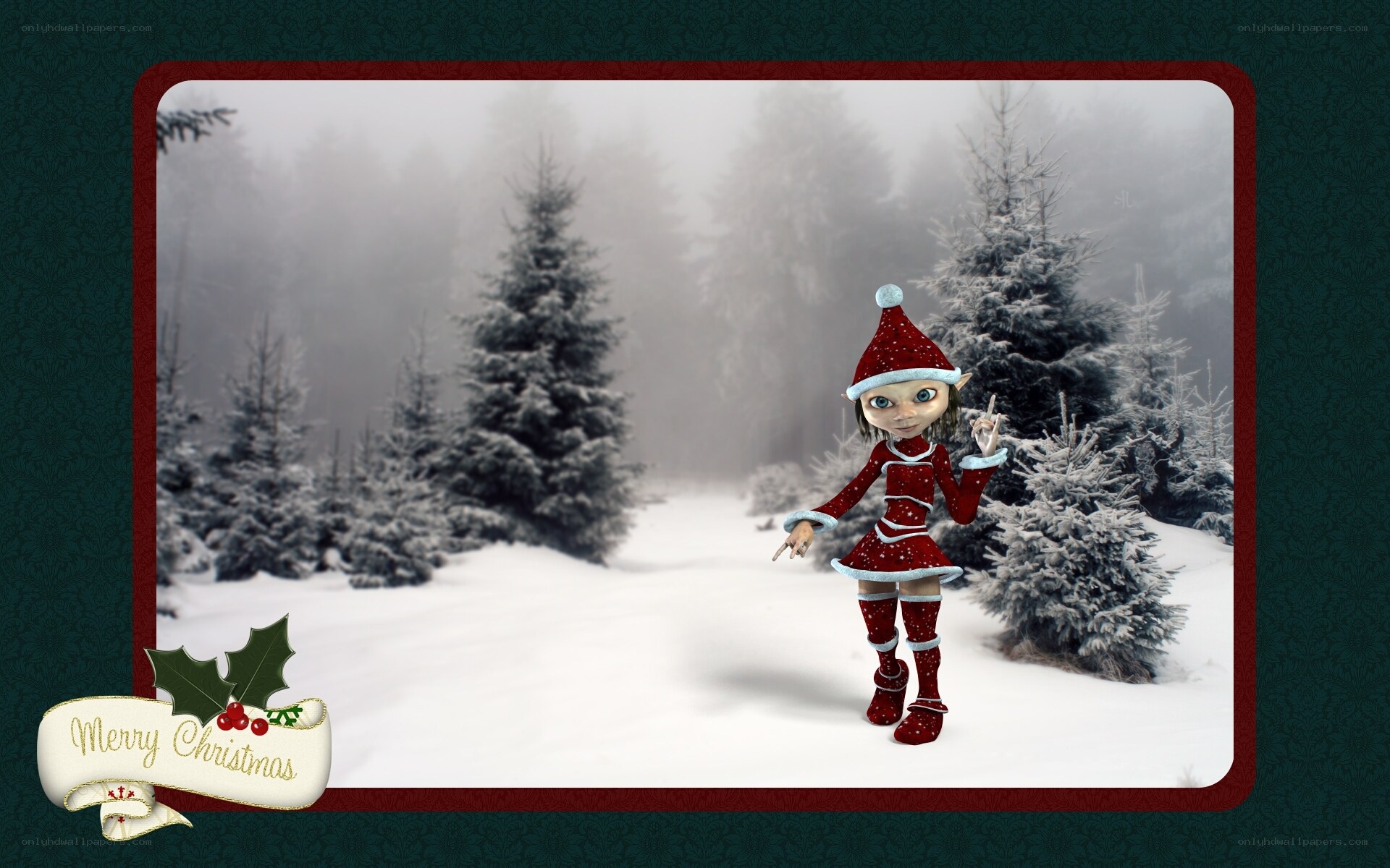 Christmas elf in snowy forest