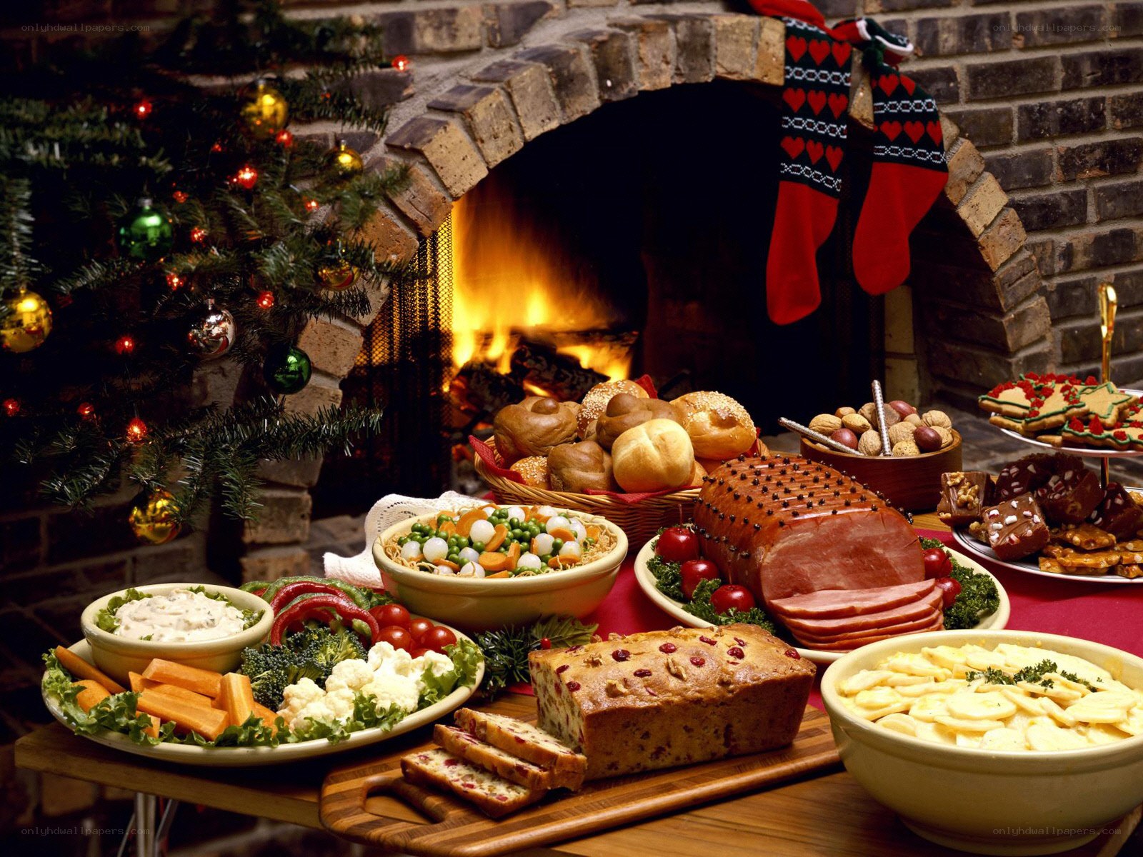 Christmas feast by the fireplace