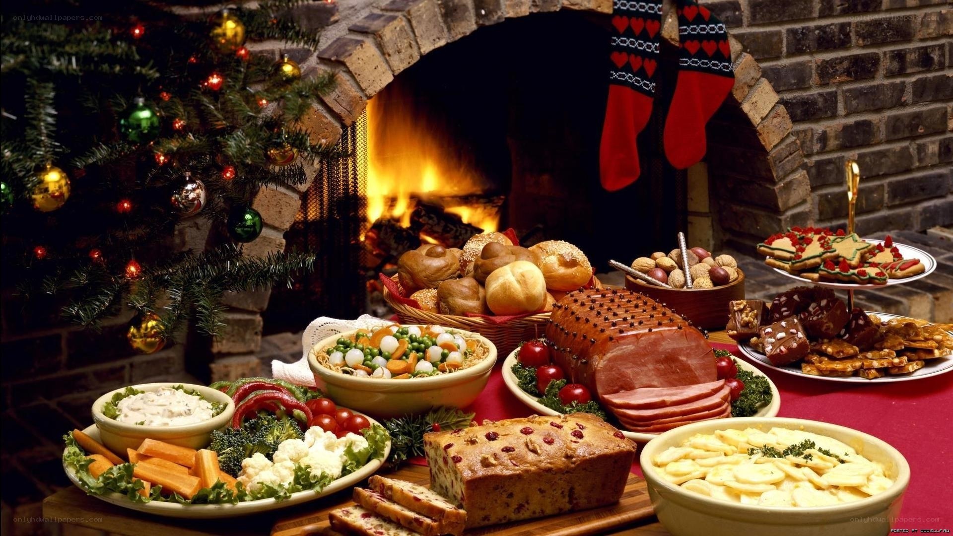 Christmas feast by the fireplace