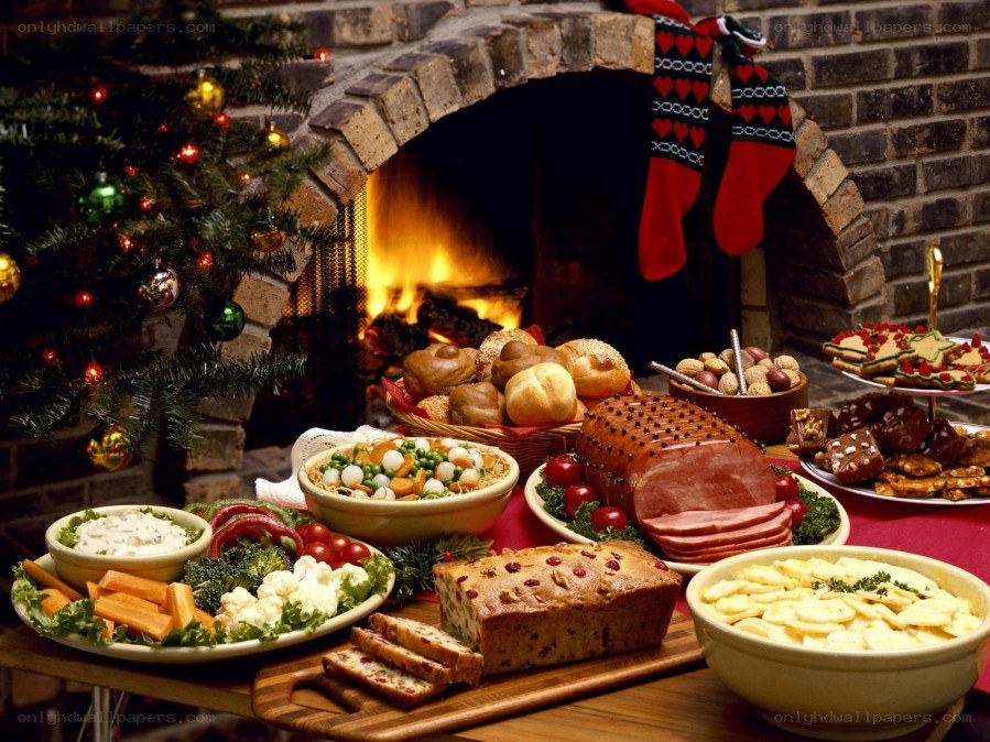 Christmas feast by the fireplace