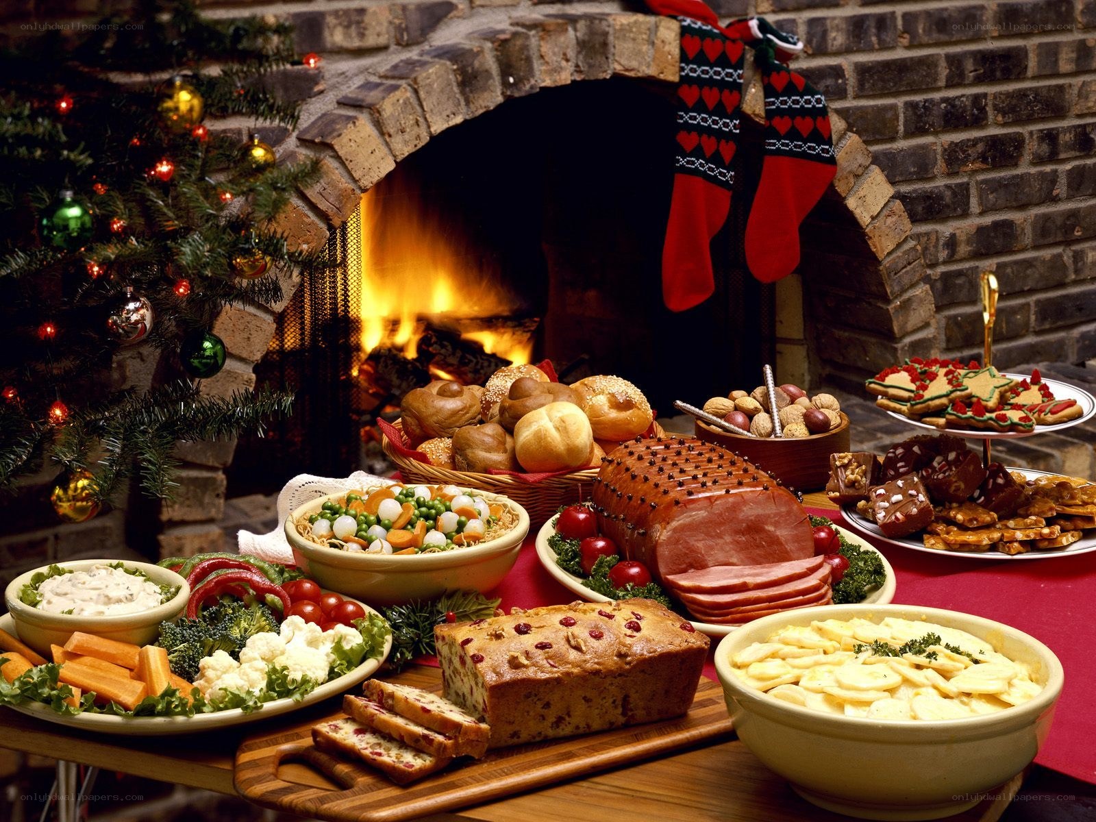 Christmas feast by the fireplace
