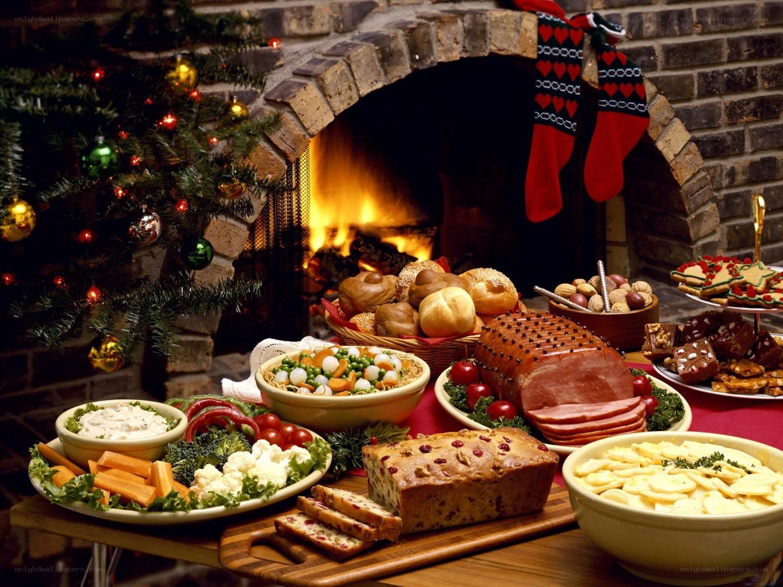 Christmas feast by the fireplace