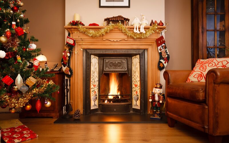 Christmas Fireplace Scene — Brown, Cozy, Night