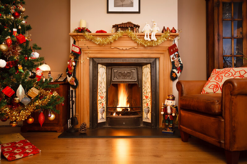 Christmas Fireplace Scene — Brown, Cozy