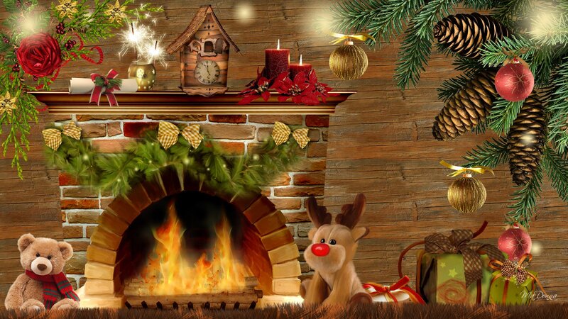 Christmas Fireplace Scene — Brown