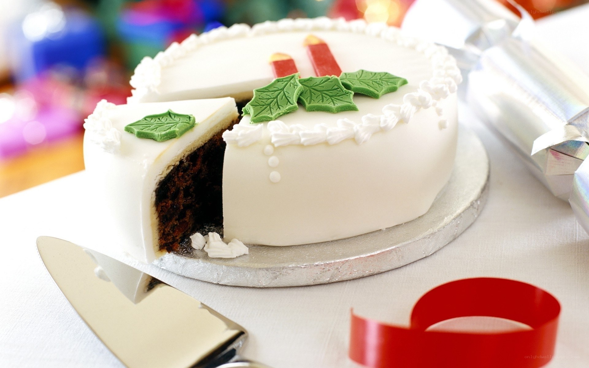 Christmas fruit cake with holly