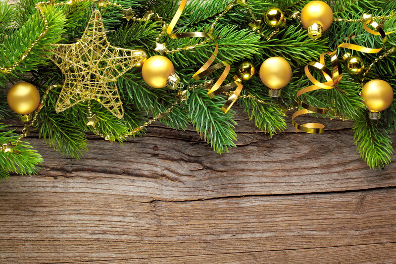Christmas Garland on Wood — Green, Festive, Winter, Photograph, Gold Ornaments, Star Decoration