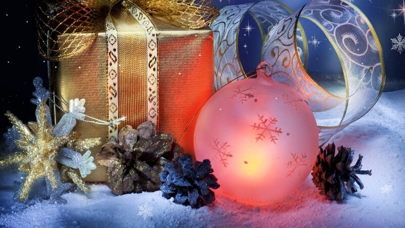 Christmas Gift and Ornaments — Gold, Festive, Winter, Photograph