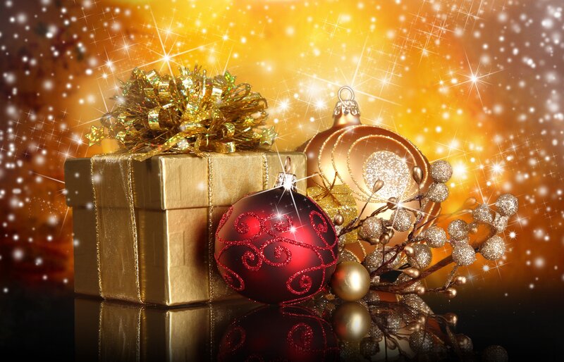 Christmas Gift and Ornaments — Gold, Festive, Winter