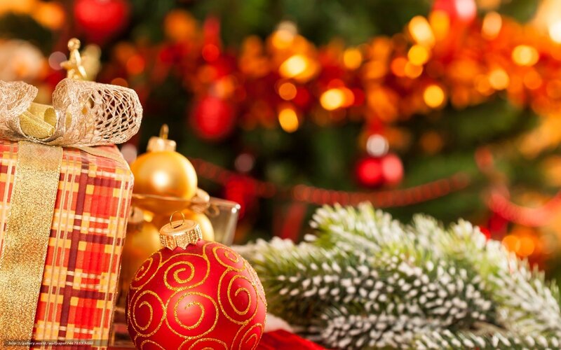 Christmas Gift and Ornaments — Red, Festive, Winter, Photograph, Gift Box
