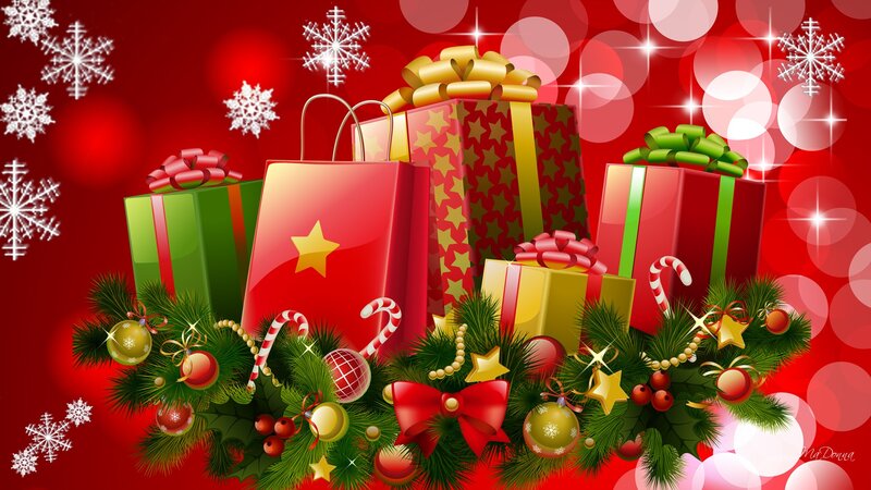 Christmas Gift Arrangement — Red, Festive, Winter, Digital Art