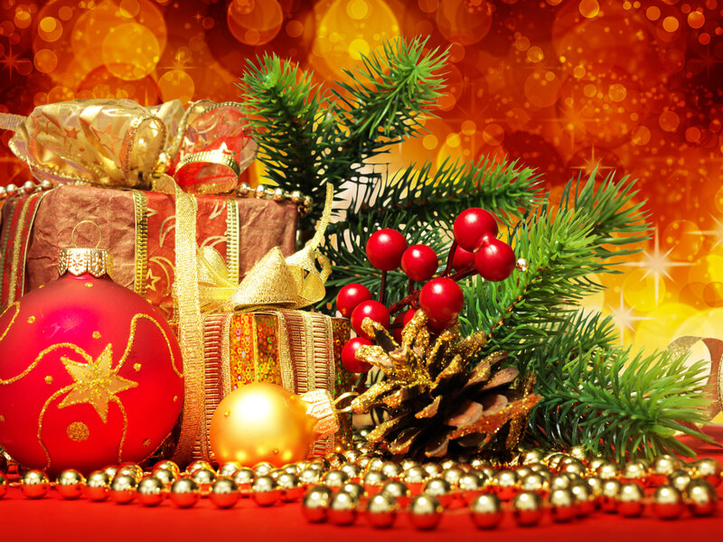 Christmas Gift Arrangement — Red, Festive, Winter, Photograph, Pine Branches