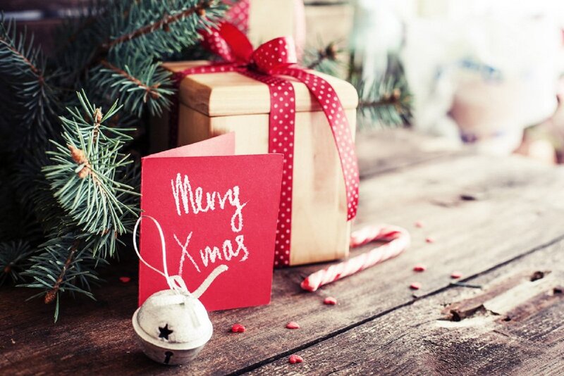 Christmas Gift Box — Red, Festive, Winter, Photograph, Pine Branches