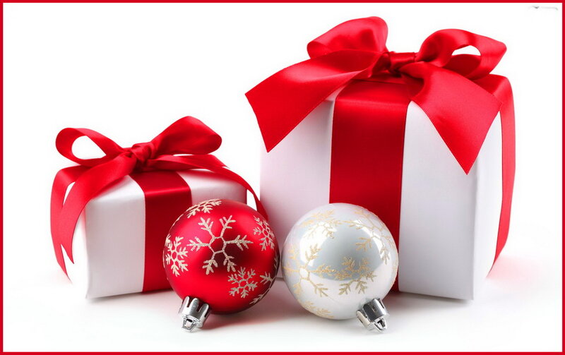 Christmas Gift Boxes and Ornaments — Red, Festive