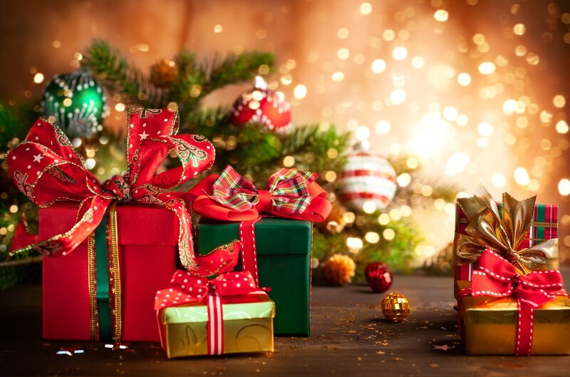 Christmas Gift Boxes — Red, Festive, Winter, Photograph, Ornaments, Pine Branches
