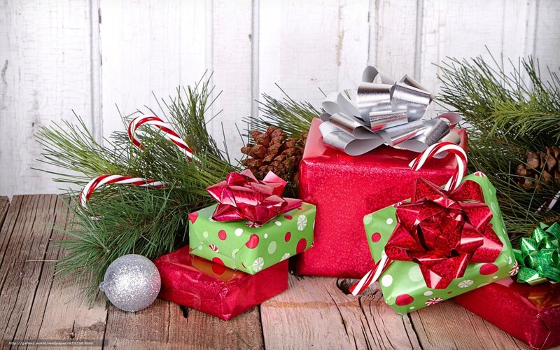 Christmas Gift Boxes — Red, Festive, Winter, Photograph, Pine Branches, Candy Canes