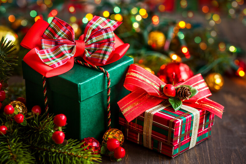 Christmas Gift Boxes — Red, Festive, Winter, Photograph, Pine Branches, Ornaments