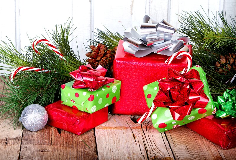 Christmas Gift Boxes — Red, Festive, Winter, Photograph, Pine Branches