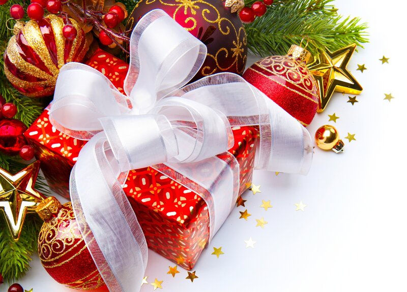 Christmas Gift with Ornaments — Red, Festive, Winter