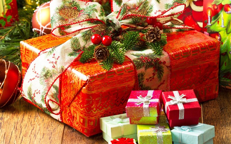 Christmas Gifts on Wood — Red, Festive